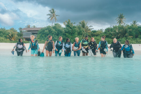 A group of women walks off the beach and into the ocean to go scuba diving.