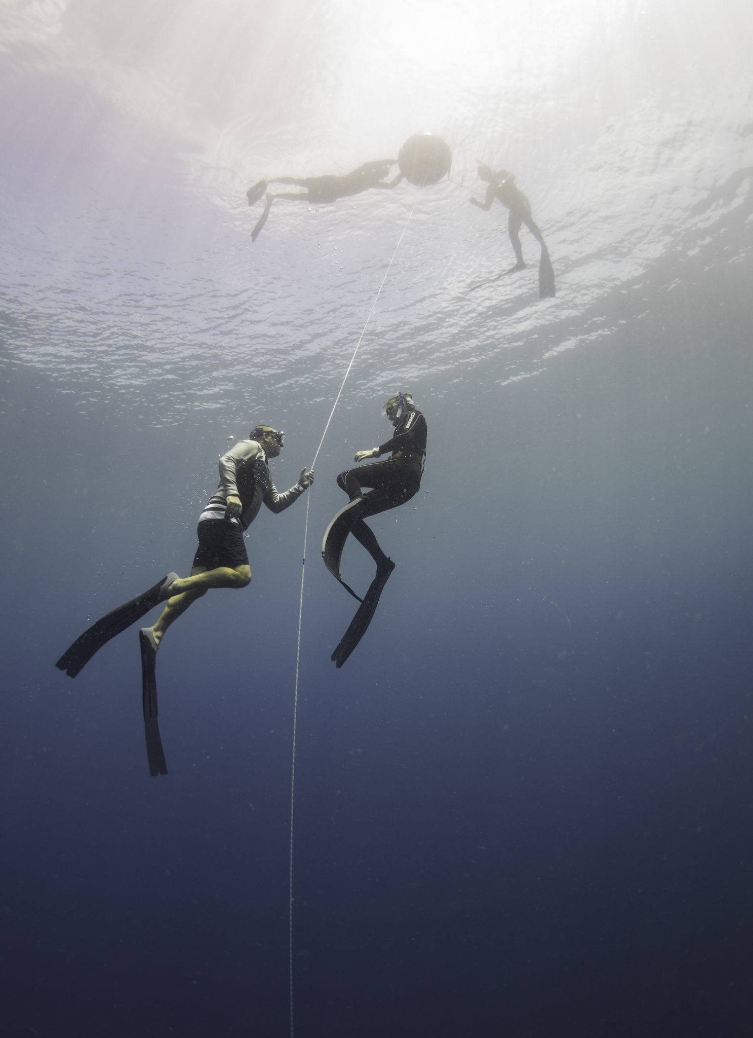 Divers on the line and above