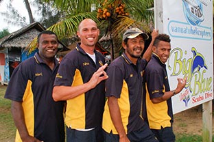 Some of the Big Blue professional dive team. Left to right: PADI Divemaster Mark Anatu and PADI Instructors, Fabrice Billandon, Jerry Songalapa and Maddie Chillia.