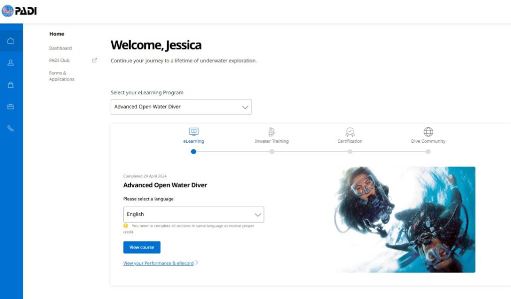 Screenshot des Student-Accounts für PADI Pros