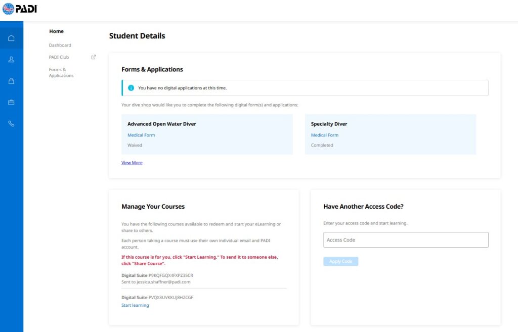 Screenshot des Student-Accounts für PADI Pros