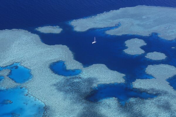 a sailboat floats on the blue water in queensland