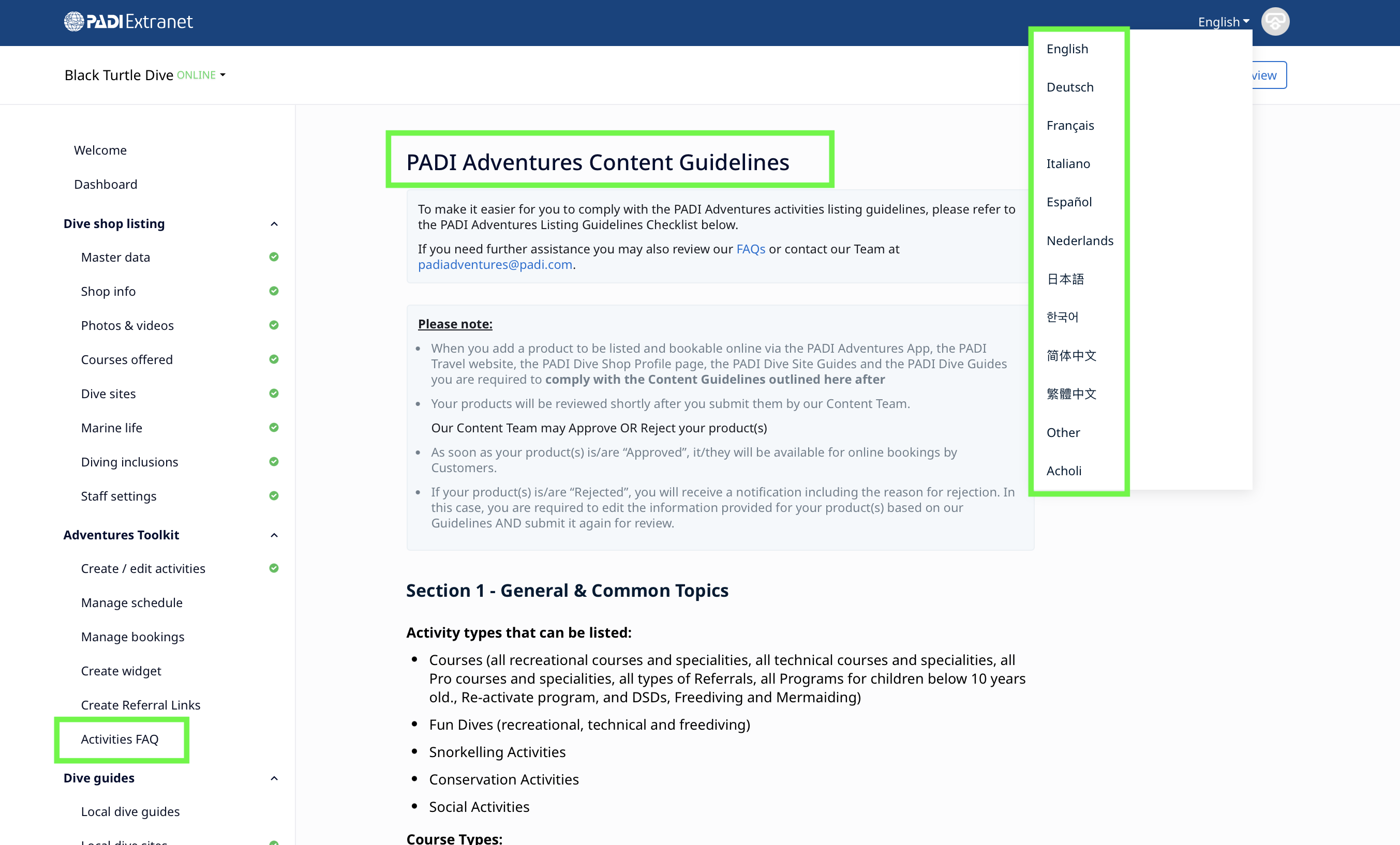 A screenshot of PADI Extranet