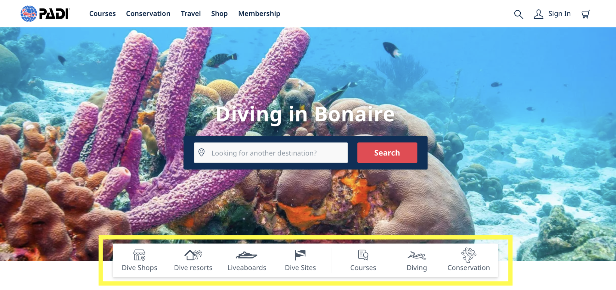 A screenshot of PADI's bonaire dive guide