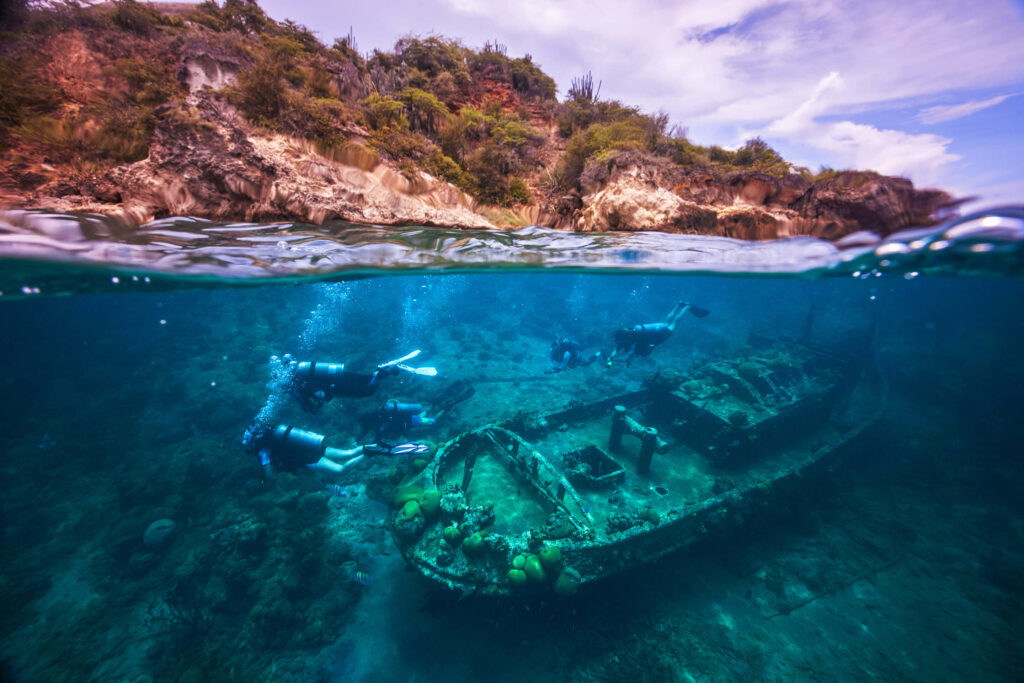 a group of divers explore a shipwreck. the photo shows a split shot, underwater and topside