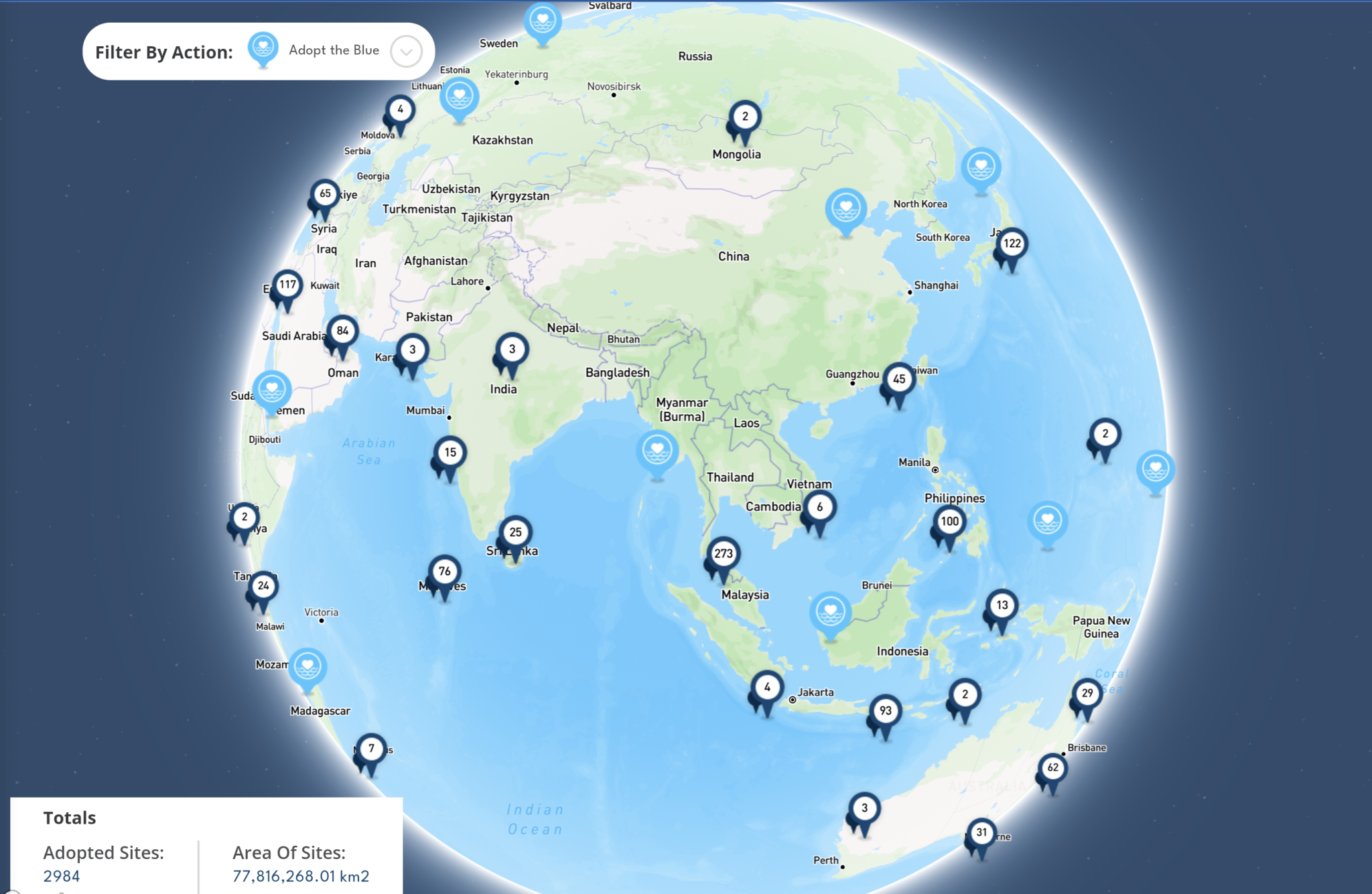 A screenshot of the CAP Action Map with the Adopt the Blue sites