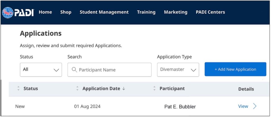 Une capture d'écran du formulaire de candidature numérique pour  Divemaster