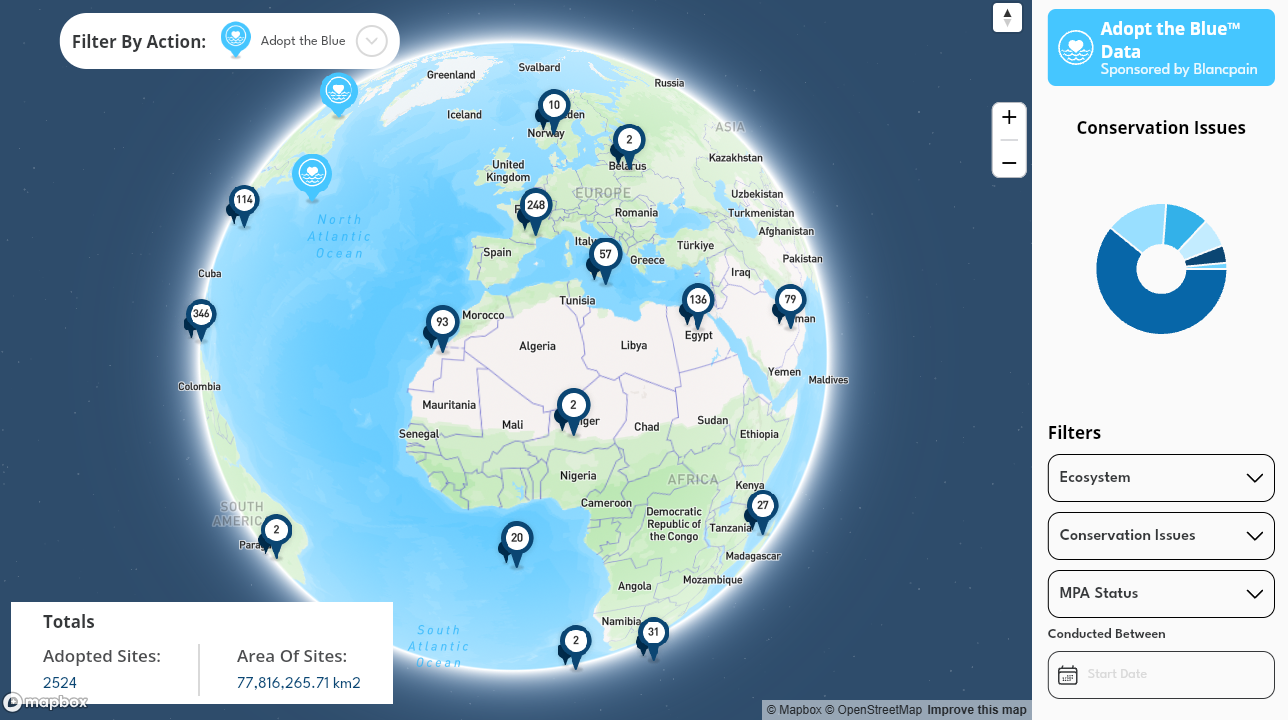 Screenshot of the Adopt the Blue sites on the Conservation Action Portal data map