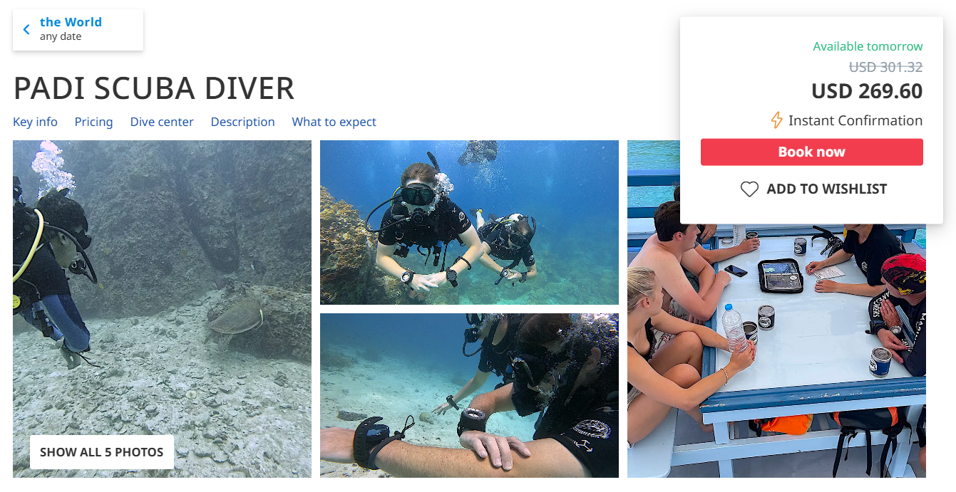 Скриншот курса, предлагаемого на PADI Adventures.