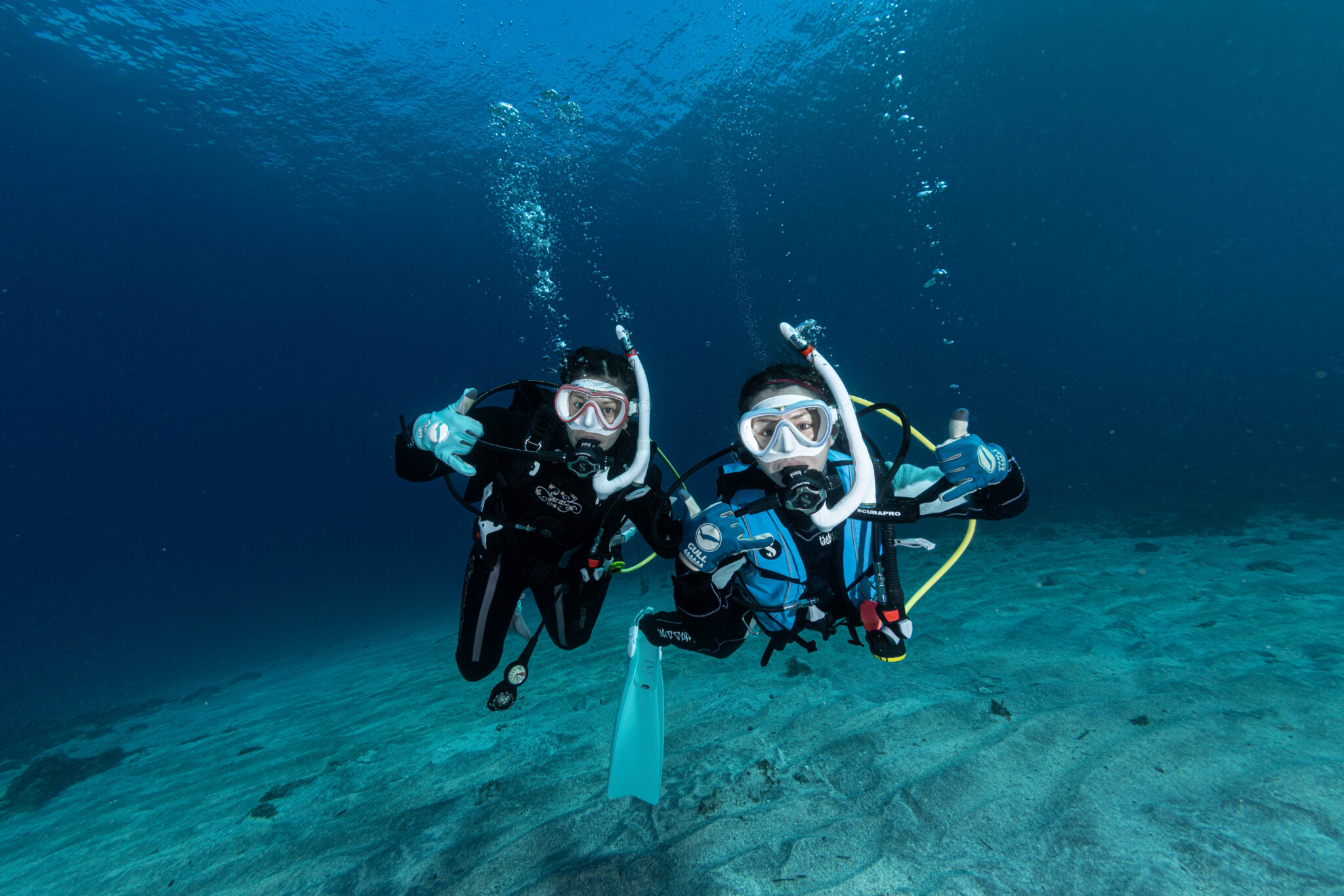 two divers signal to the camera that everything is really cool while diving in Japan