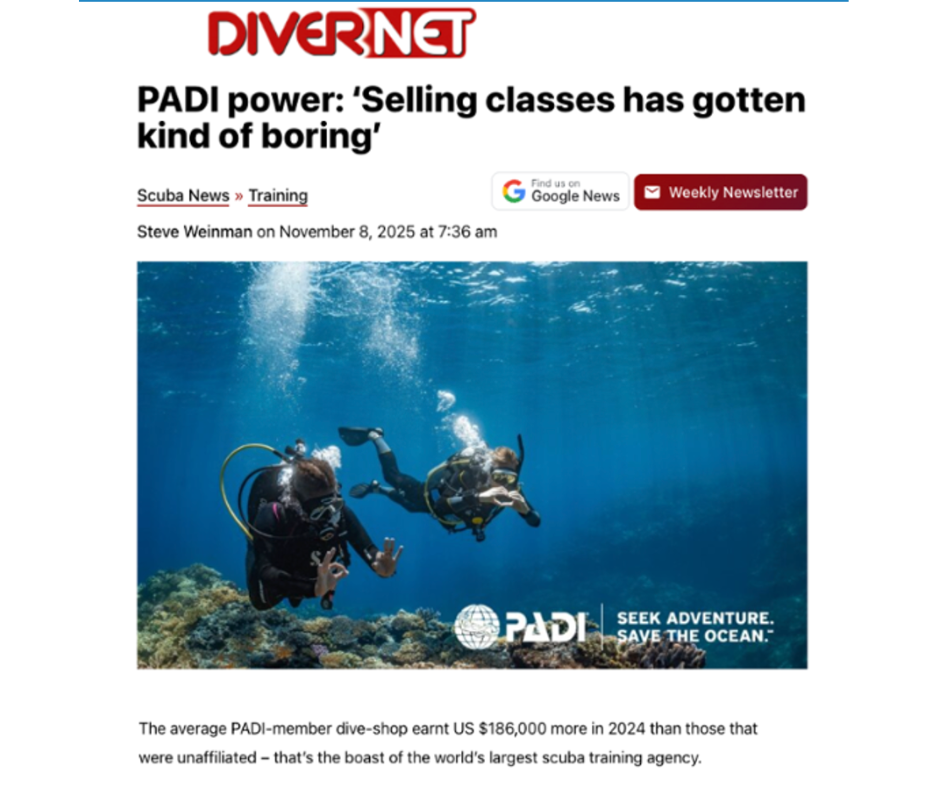 Capture d'écran d'un article du magazine Divernet portant sur les membres de PADI.