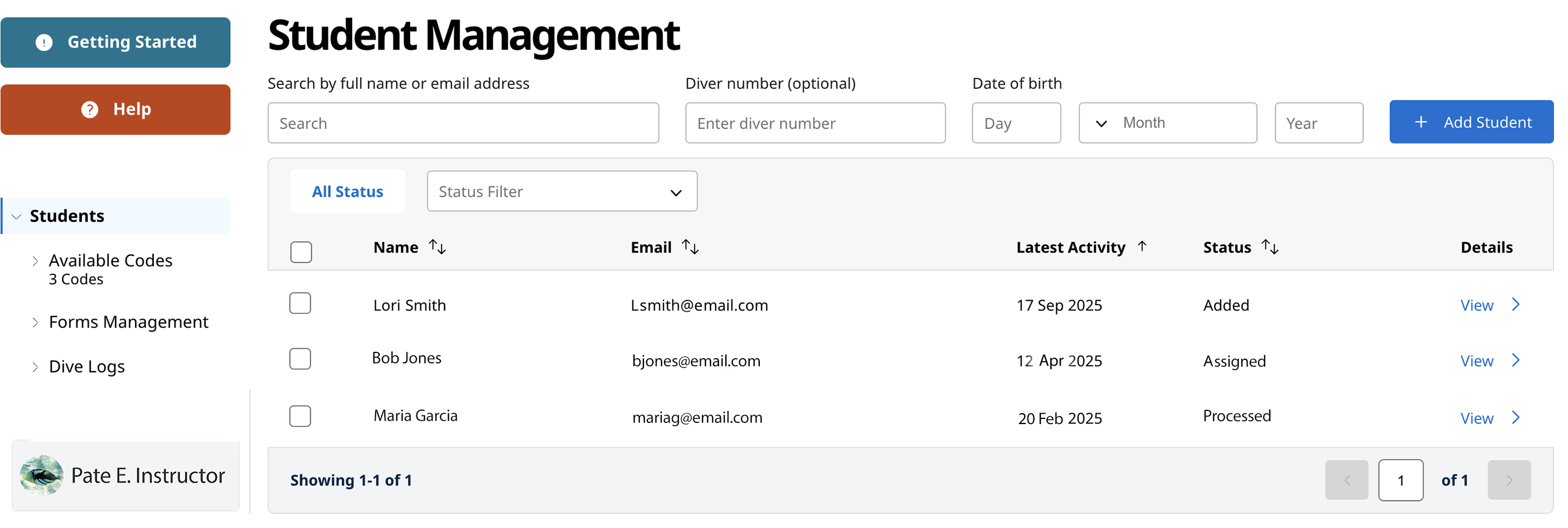 Screenshot showing the student roster on the new SMP (student management portal)