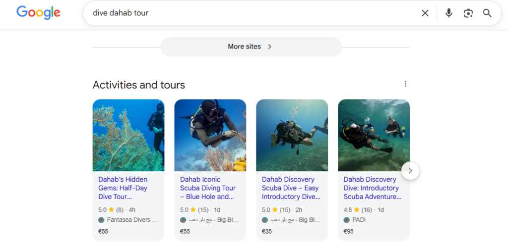 A screenshot of Google Search with scuba diving activities appearing in the search