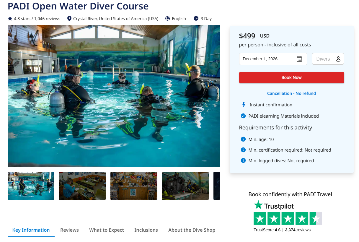 A screenshot of a PADI Open Water Diver Course listing on PADI Adventures.
